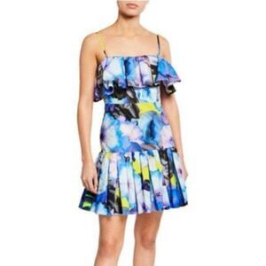 MSGM Milano Floral Blue Watercolor Ruffle Pleated Sleeveless Mini Dress 42